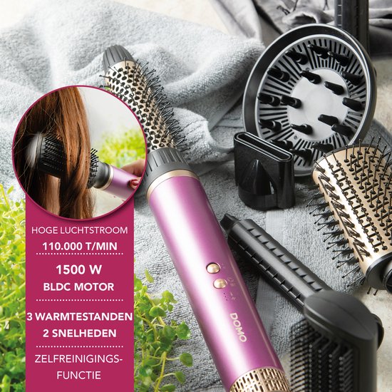 DOMO DO54782HS 7-in-1 Airstyler - Fohnborstel - Multistyler - Krulborstel - Stijlborstel - Fohn met 7 Opzetstukken - Paars/Goud