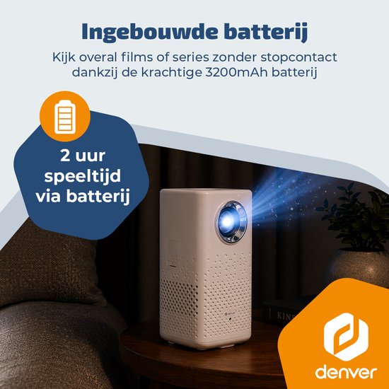 Denver Portable Beamer - 4K 3840x2160P - 150 ANSI Lumen - Projector - Ingebouwde Batterij - Thuisbioscoop - HDMI - USB-C - PR4700