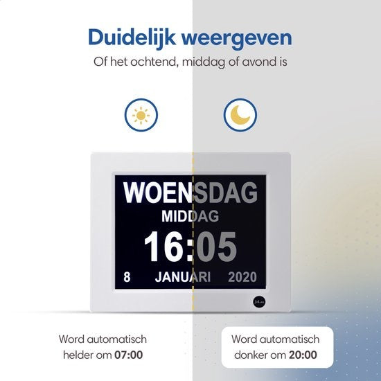 SafeLife Dementieklok XL - Digitale kalenderklok met datum en dag - Medicijnwekker, Alarmfunctie & Fotolijstfunctie - Alzheimerklok / Seniorenklok