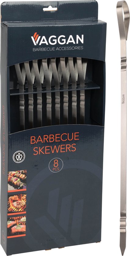 Vaggan BBQ spiezen - 8x stuks - RVS - 41 cm - vleespennen voor vlees - barbecue accessoires