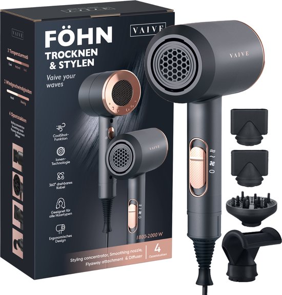 VAIVE Ionische Föhn met Diffuser - Haardroger 2000 Watt - Haarfohn met Coolshot - 3 standen