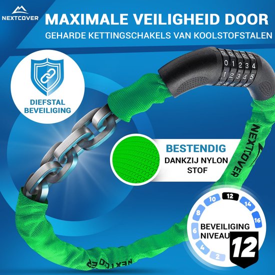 NEXTCOVER® Cijferslot Fietsslot - Het origineel - [SAFESECURE] Hoge veiligheid - Fietssloten met 5-cijferige cijfercode, cijferslot fiets staal - Fietsslot perfect voor e-bike - Kettingslot Groente