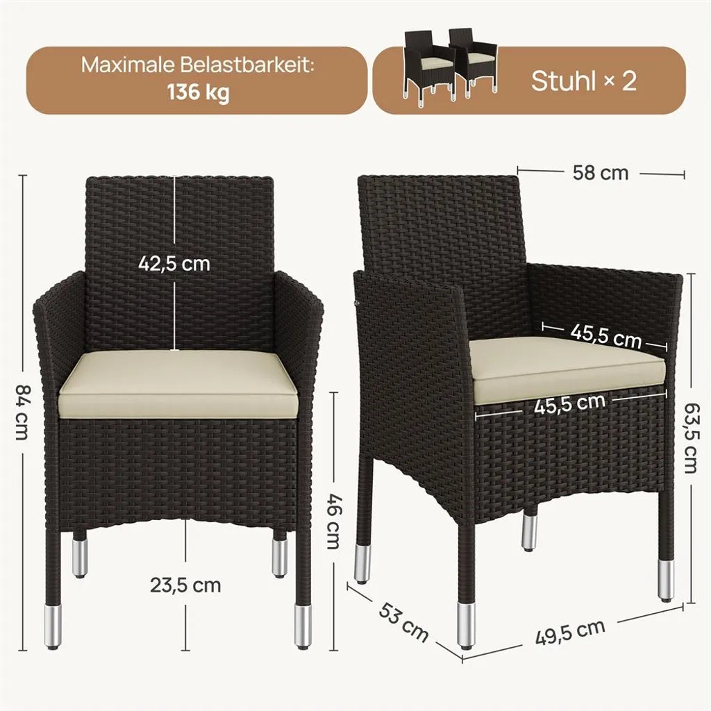 Yaheetech Tuinstoelen Set van 2 Polyrattan 58 x 58 x 84 cm - Bruin/Beige - Tuinfauteuils met Zit- en Rugkussen