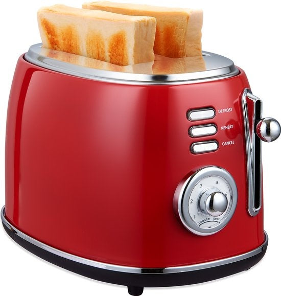 MOA Retro Broodrooster - 6 Warmteniveaus - 2 Extra Brede Sleuven - 850W - Reheat en Ontdooi-functie - Rood - T3R