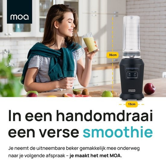 MOA Blender - Blender to Go - Mini Blender - 2 Tritan Bekers van 600ml - Smoothie Maker - 800W - Zwart - MB10B