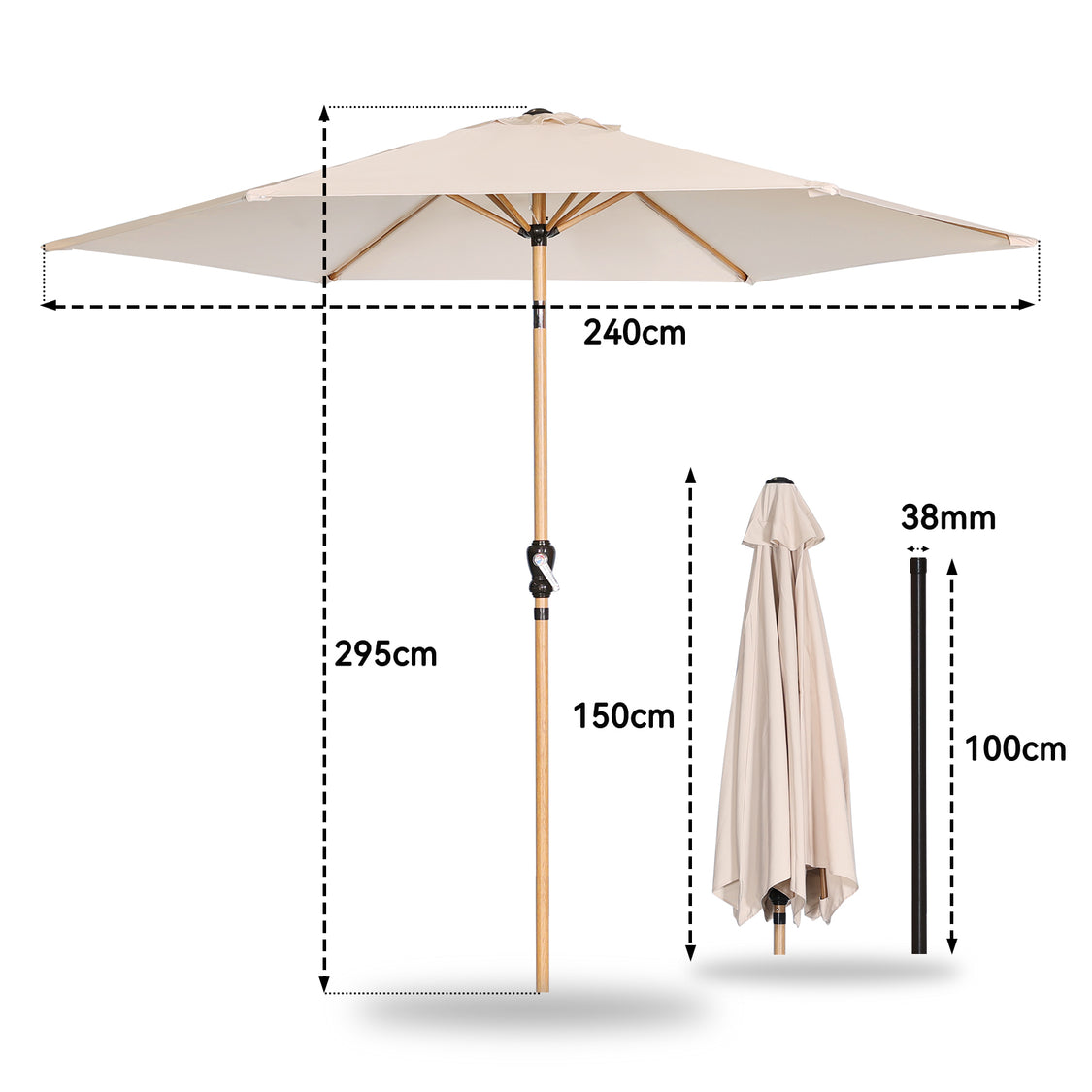 Angel Living Parasol Ø 300 cm - Rond Kantelbare Tuinparasol met Zwengel - Aluminium en Polyester - UV50+ - Waterafstotend - Cremegeel