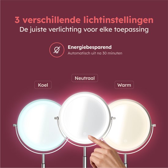 Fraay® XL Make Up Spiegel met LED Verlichting - 10x Vergroting - Vergrootspiegel met Licht - Oplaadbaar - Scheerspiegel - Badkamerspiegel - Chroom