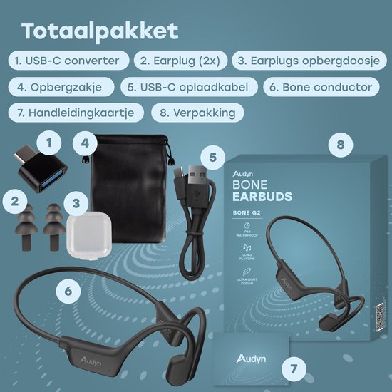 Audyn Bone G2 - Sport Oordopjes - Bone Conduction Hoofdtelefoon - Bluetooth - Open Oor Oordopjes - Draadloos - Waterbestendig - 8GB MP3