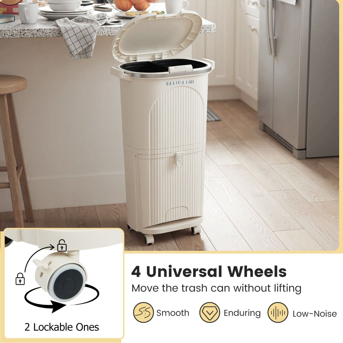 Coast Afvalscheidingsprullenbak op Wielen - 3 Compartimenten - Pedaal en Drukknop - Beige - 38 Liter
