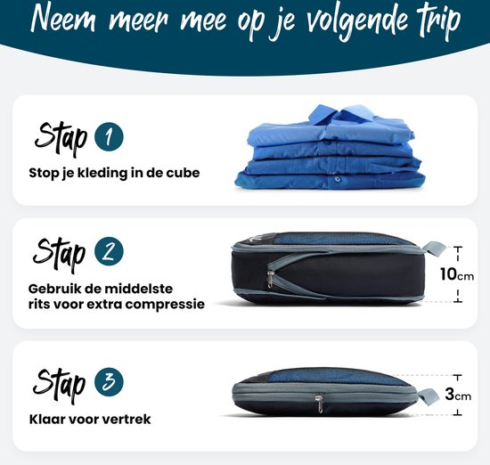 Compressie Pak Kubussen - Koffer Organizer Set - 6 stuks - Rugzak Compressie Kubussen - Met Compressierits - Mesh Zwart - Sunflake