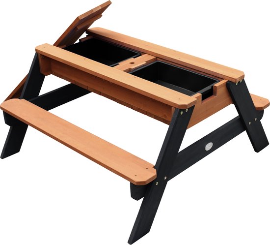 AXI Nick Zand & Water Picknicktafel in Antraciet/Bruin - Met Parasol in Blauw/Wit - Multifunctionele Picknick tafel van FSC hout - Picknick tafel voor kinderen van hout