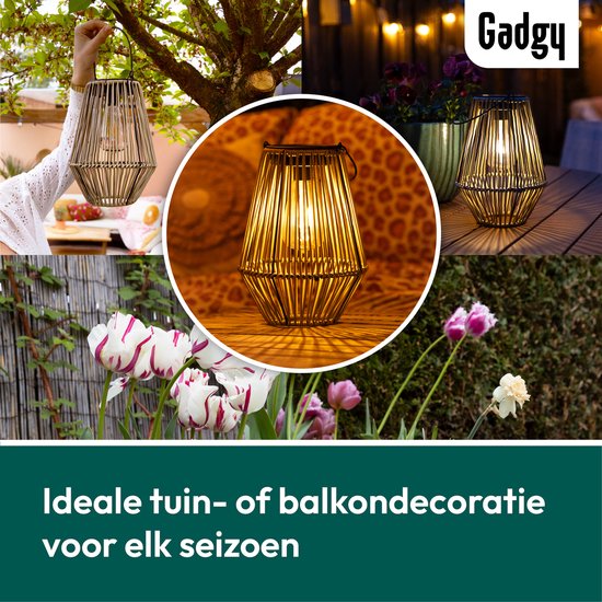 Gadgy Solar Tuinverlichting Rattan Beige - Tuinverlichting op Zonne Energie - Solar Tafellamp met USB-aansluiting - Buitenlamp Tuinbeeld - Tuinlantaarn met Dag/Nacht Sensor - Verlichting voor Buiten - Lantaarn Tuin