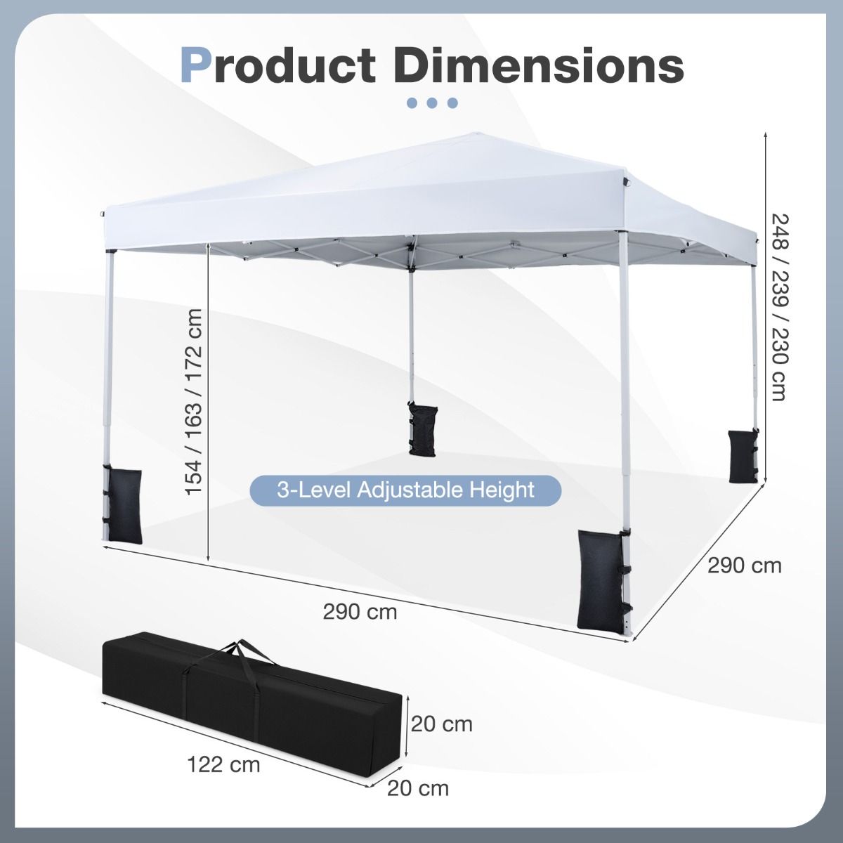 Coast Pop-up Tuinpaviljoen - in hoogte verstelbaar - opvouwbare feesttent - wit 290 x 290 cm