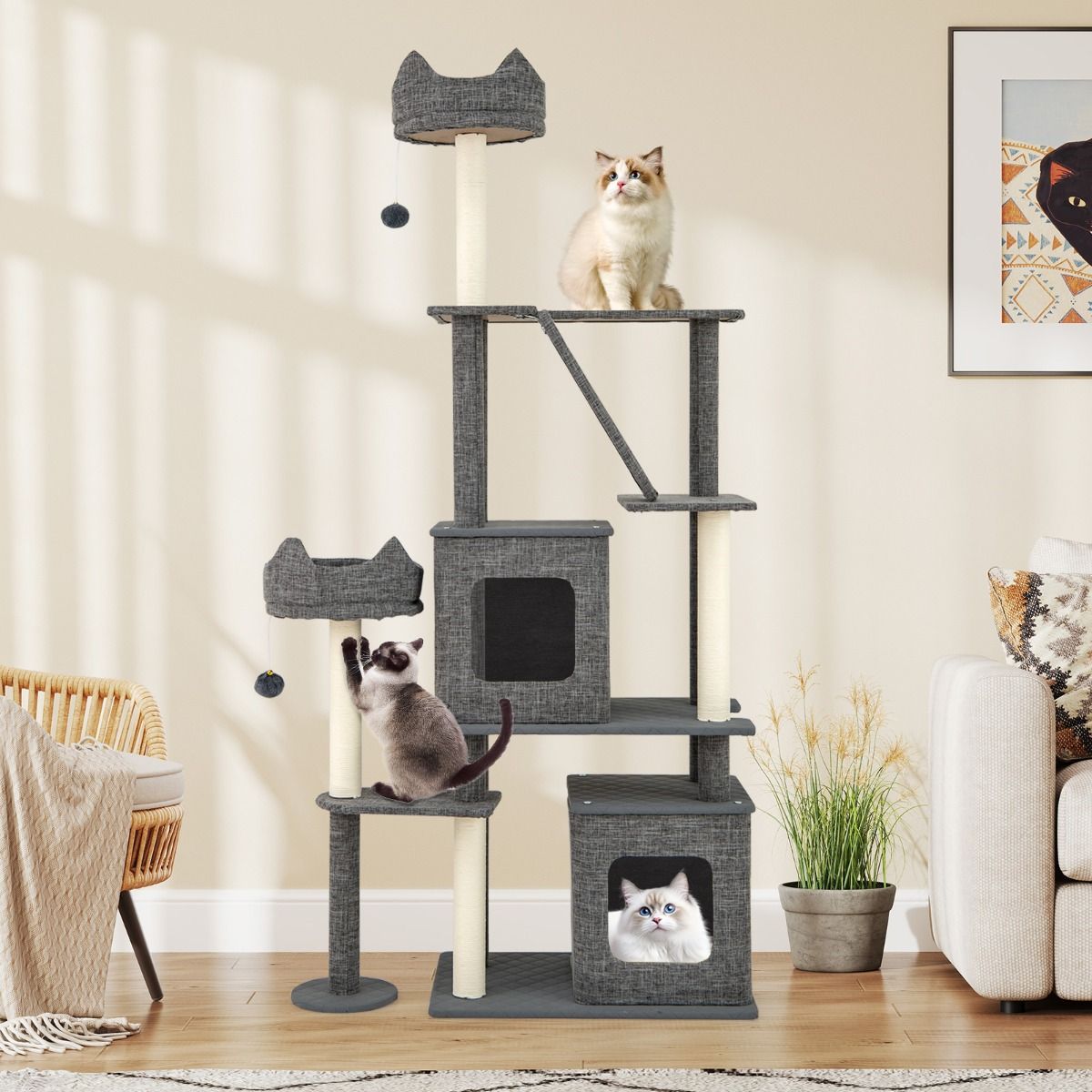 Coast Krabpaal Kattenboom - 2 kattenhuisjes - speelplatforms en kattenbed - grijs - 180 cm