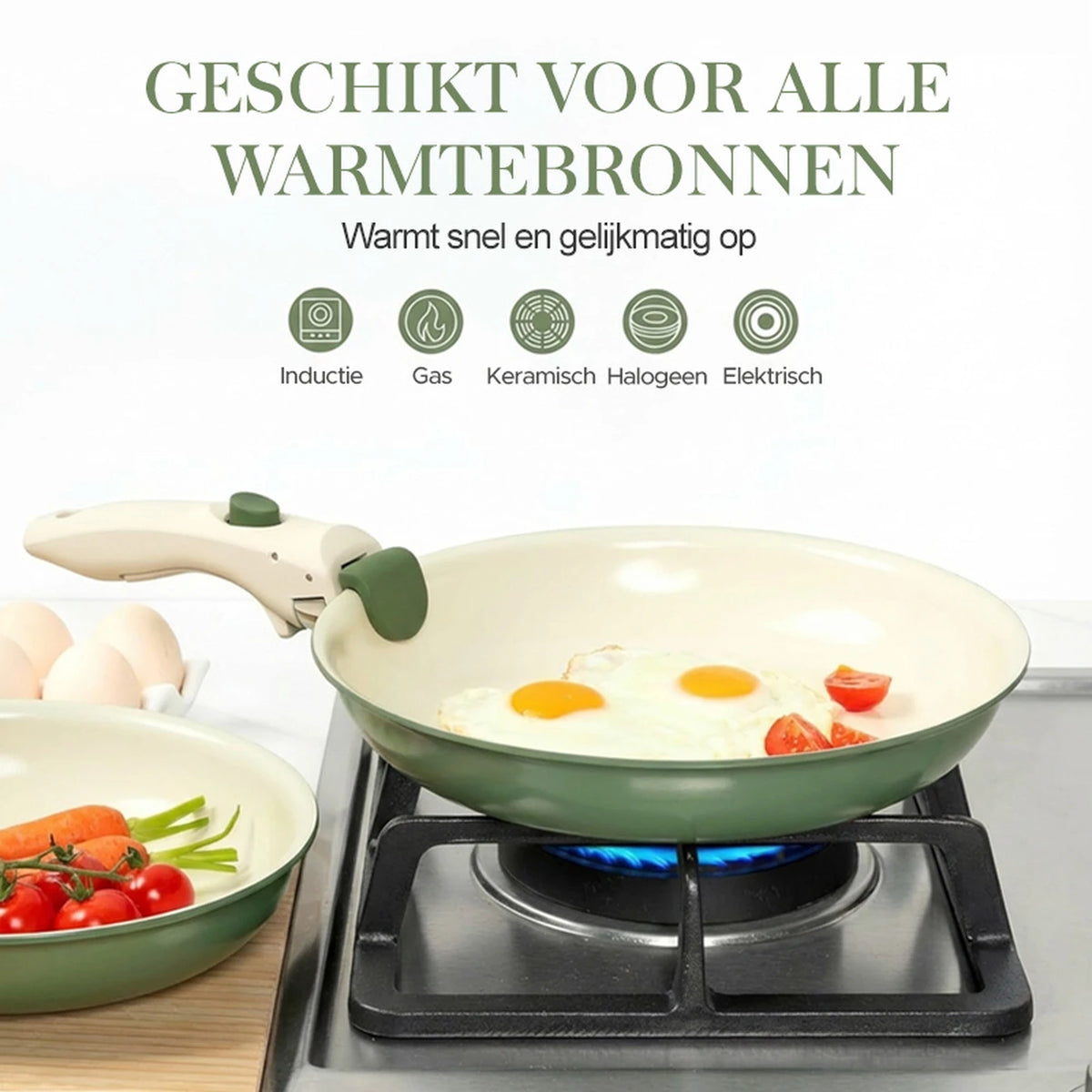 Michelangelo Koekenpannenset 4-delig - Keramische Antiaanbaklaag - Afneembare Handgreep - Inductie - Groen