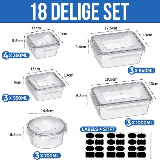 Strex Vershoudbakjes - Meal Prep Bakjes - Plastic Diepvries Bakjes - Met Deksel - 18 Delige set - BPA Vrije Magnetronbakjes