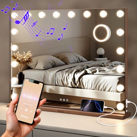 Mirlux Hollywood Spiegel 80x60CM - 2 Bluetooth Speakers - USB & USB-C oplaadpoorten - LED Verlichting - Make Up Spiegel - 10x Zoom - Ophangbaar - Rosé Goud