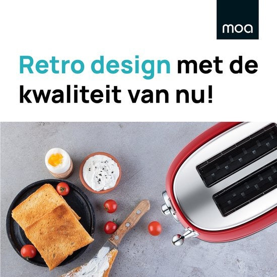 MOA Retro Broodrooster - 6 Warmteniveaus - 2 Extra Brede Sleuven - 850W - Reheat en Ontdooi-functie - Rood - T3R