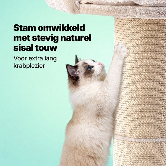 Jake en Jacky Krabpaal voor Grote Katten met Mand - Met Speeltouw - Naturel/Crème - 57x57x90 cm - Ø Sisal Krabpaal 20 cm