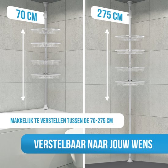 Strex Telescopisch Doucherek RVS - Verstelbaar 70-275 cm - 4 Mandjes - Robuuste Kwaliteit - Bevestigen zonder Boren of Schroeven - Telescopisch Douche Rek Hoek