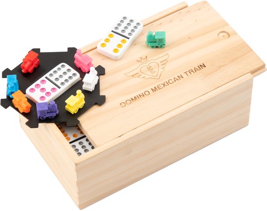 Domino Dubbel 12 Mexican Train – 91 Stenen met Gekleurde Ogen – Houten Kist met Schuifdeksel – Inclusief Station & Treinen – Strategisch Familiespel – Engelhart