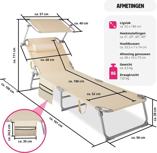 tectake® - ligbed Zonnestoel ligstoel - 4 standen , inklapbaar – beige - 68 x 190 x 28 cm, met zijvak