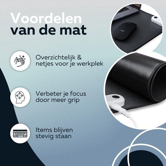 WURK Professionele Verwarmde Bureau Onderlegger - 30℃ tot 50℃ - Bureau Organizer - Inclusief Kabel Clip - Zwart - 80x33