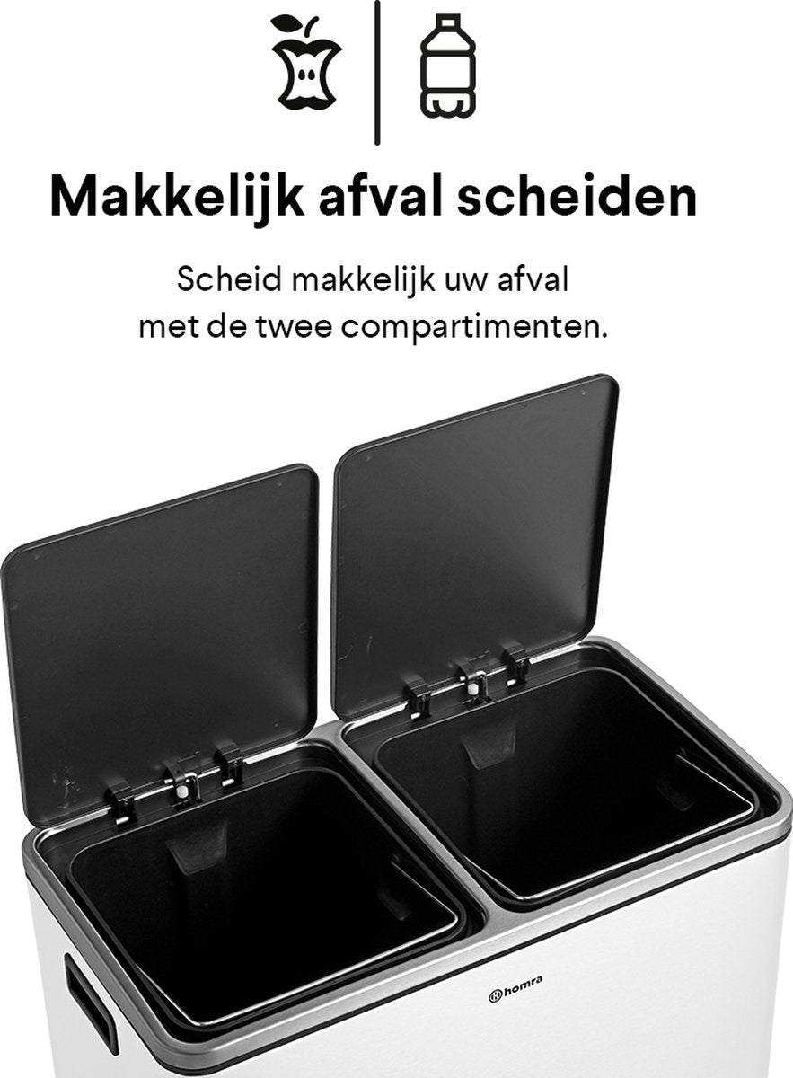 Afvalscheidingsprullenbak 2 vakken Crème Wit – 60 L (2x30 Liter) pedaalemmer Homra QUICKX – Design Duo Afvalemmer RVS - Afval Scheiden - Recycle Afvalbak - Hygiënisch Pedaal - Dubbele Vuilnisbak - Keuken Vuilbak - Kantoor Prullenbak