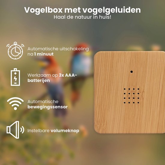 QLT Vogelhuisje met Natuurgeluiden - Box met Vogelgeluiden - Werkzaam op Batterijen - Automatische Bewegingssensor - Instelbaar Volume - Hout/Grijs
