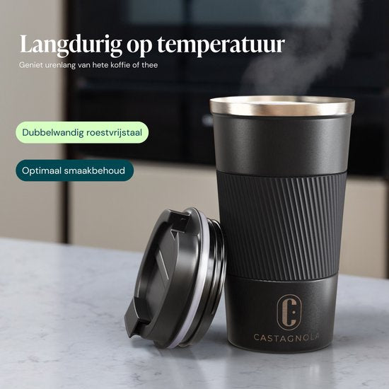 Castagnola Thermosbeker - Koffiebeker To Go - Travel Mug voor Koffie en Thee - Theebeker - 510 ML - RVS - Zwart