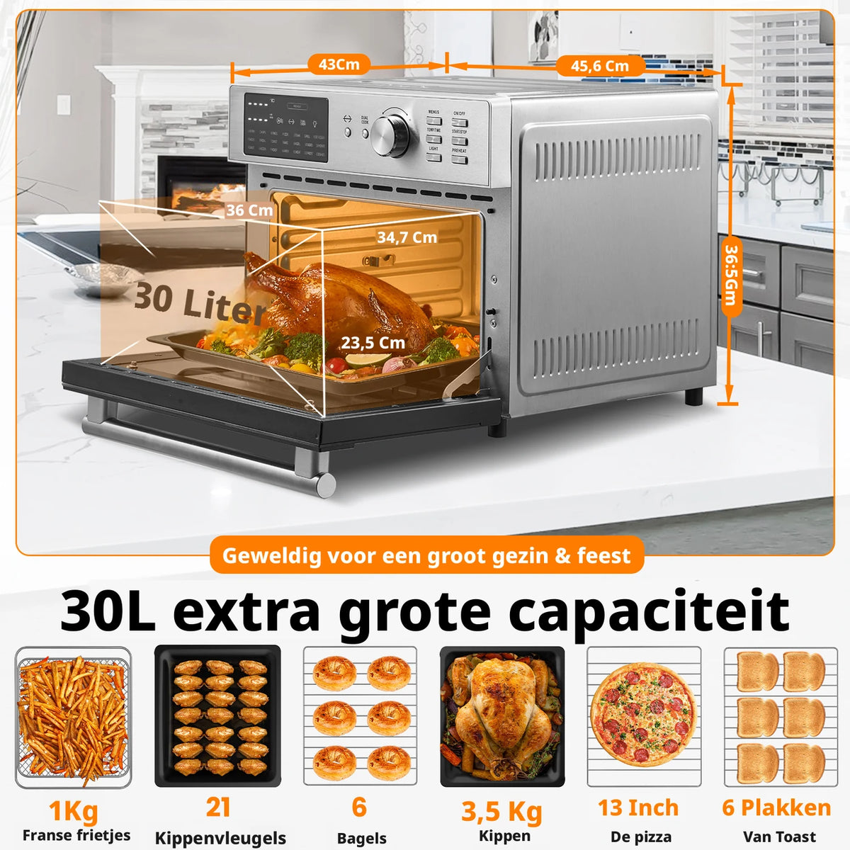 Oimis Airfryer Oven 30 Liter - 21 Programma's met Grillspit en Droogfunctie - 1800 W - 45,6 x 43 x 36,5 cm - RVS Zilver