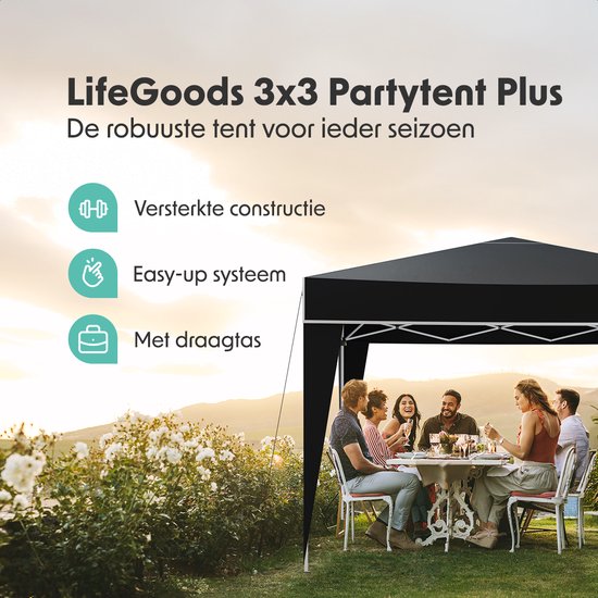 LifeGoods Partytent - Paviljoen - Easy Up - Opvouwbaar - Waterdicht - Met Draagtas - 300 x 300 cm – Zwart