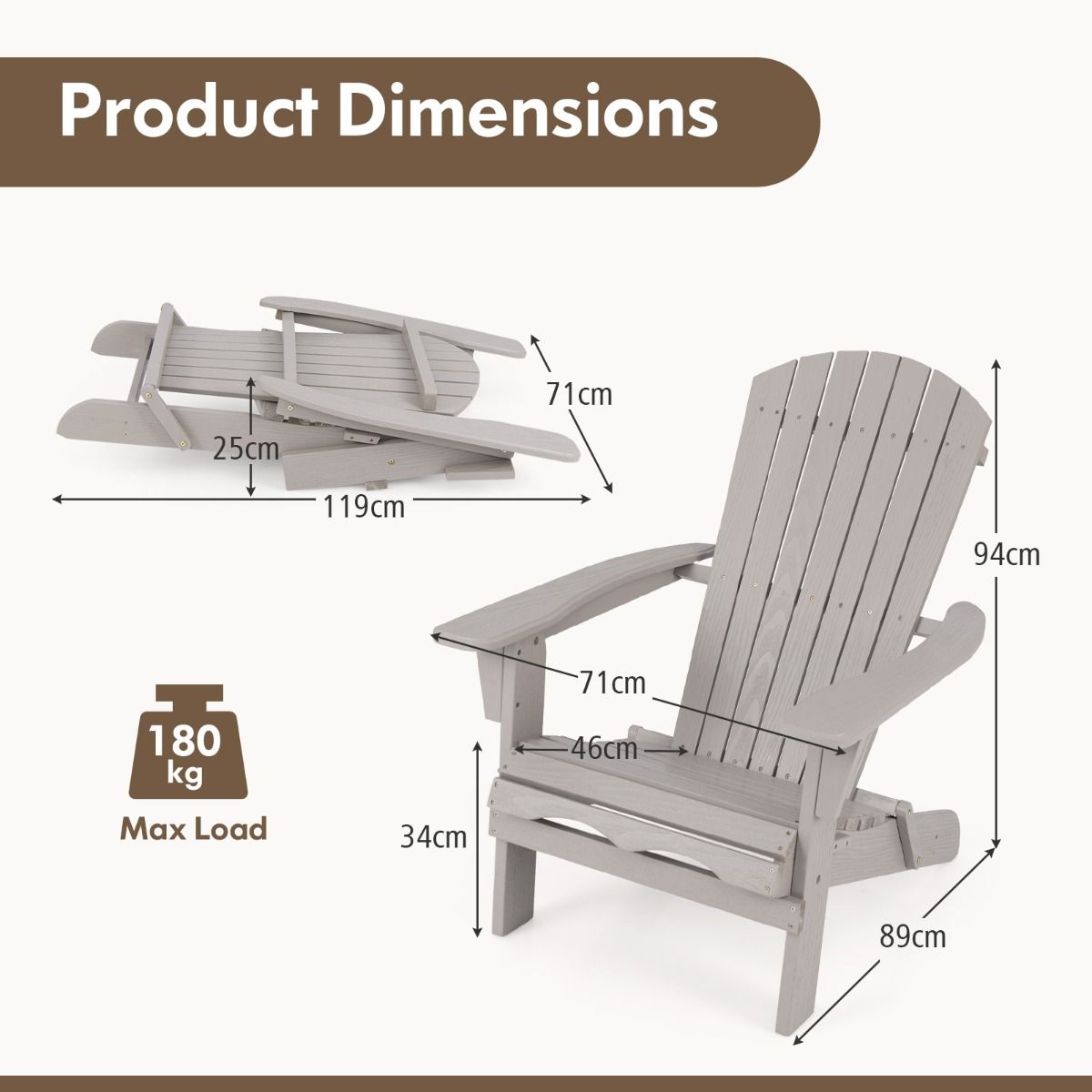 Coast Opvouwbare Adirondack Stoelen - set van 2 - ergonomisch en robuust - grijs