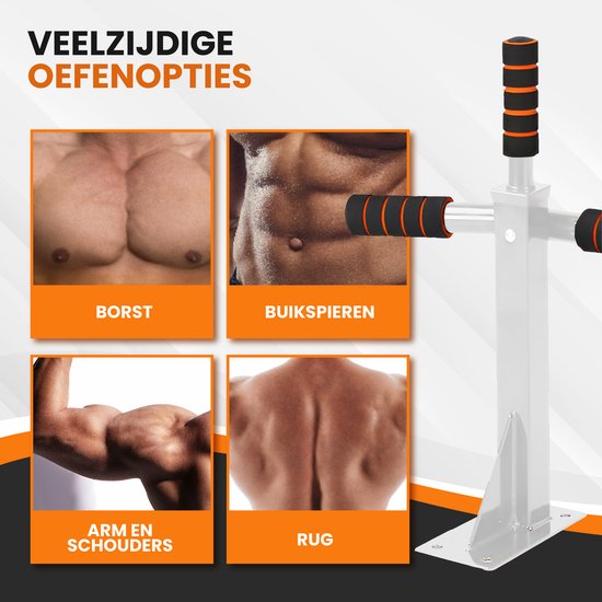 TTD® Premium Pull Up Bar - Pull Up Station - Optrekstang Wandmontage - Dip Station - Dip Bars - Thuis Sporten - Thuis Fitness - Premium materialen - Extra stevige montage onderdelen - Home workout - Wit/Oranje