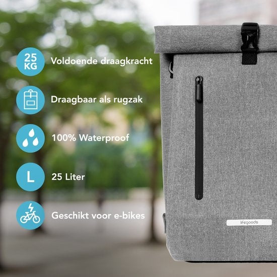 LifeGoods Enkele Fietstas - Compact - Schoudertas en Rugtas - 25L - Ronde Bagagedragers - Waterdicht - Grijs