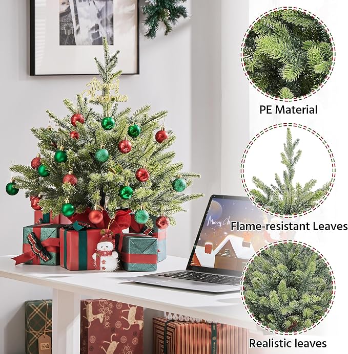 Yaheetech Mini Kunstkerstboom 61 cm - Groen - Tafelkerstboom met Cementen Voet en 62 PE Takken