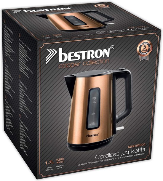 Bestron Waterkoker AWK1000CO - 2200W - 1,7L - Automatisch uitschakelen - Koper - 5 jaar garantie