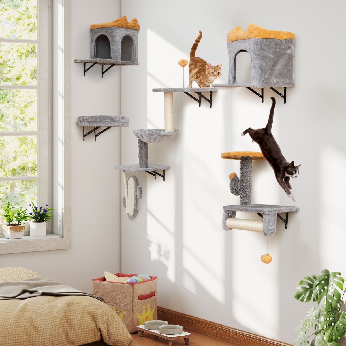 Coast Wandgemonteerde Kattentoren Set - Ruimtebesparend - 2-Niveau Platform - Grijs