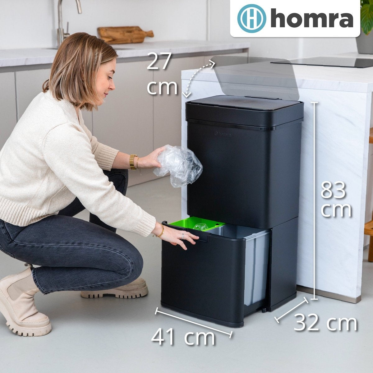 Homra Nexo Prullenbak Afvalscheiding 72 Liter - Zwarte Sensor Prullenbak 3 vakken - 2x12L + 48L - Recycle Afvalbak - Vuilnisbak voor huishouden en kantoor - Vuilbak keuken Afvalemmer - Afvalscheidingsprullenbakken - Automatische Soft Close Deksel