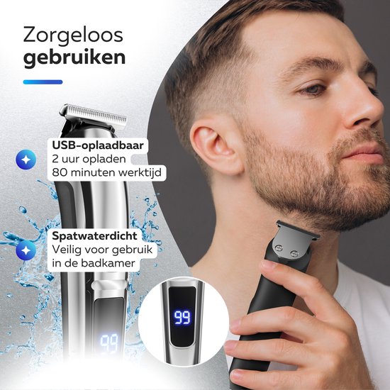 6-in-1 Baardtrimmer Mannen - 6 Verwisselbare Opzetstukken - Trimmer Baard en Lichaam - Bodygroomer - Neus en Oortrimmer