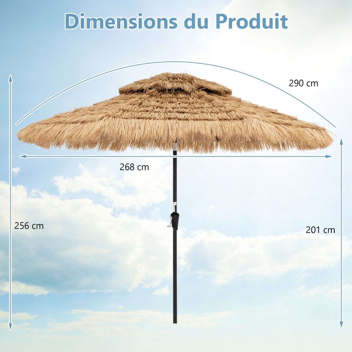 Coast Rieten Parasol - 32 LED Lampjes - Kantelbaar - Hawaii Stijl - 270 x 270 x 256 cm