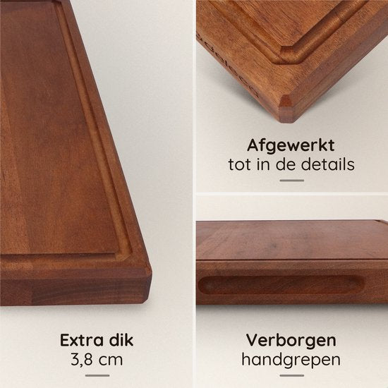 Deleca Walnoot Houten Snijplank - Dubbelzijdig met Sapgeul / Handgrepen - Groot en Dikke Hakblok - Voor Keuken, Duurzame Snijplanken, Serveerplank, Kaasplank, Borrelplank, Tapasplank - Walnoten Hout - Zonder Plastic - 51x38x3.8 cm - 4,32 kg
