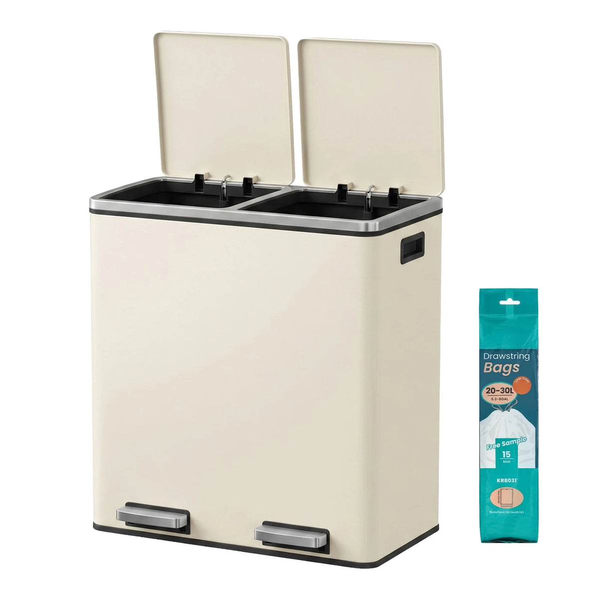 Joyfurnos Dubbele Pedaalemmer - Crème - 2 Uitneembare Binnenemmers - Softclose Deksels - Staal - 59 x 32,5 x 65,2 cm