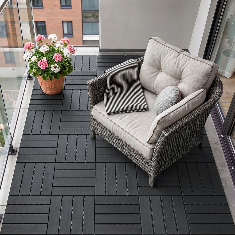 SoBuy Kunststof Vloertegels Zwart - Kliksysteem - Antislip Houtlook - Draagkracht 113 kg