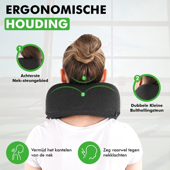 Travelhawk Nekkussen - Luxe Reiskussen - Memory Foam - Nekkussen Vliegtuig, Auto, Bus, Trein en Camping - Nek Kussens - Zwart
