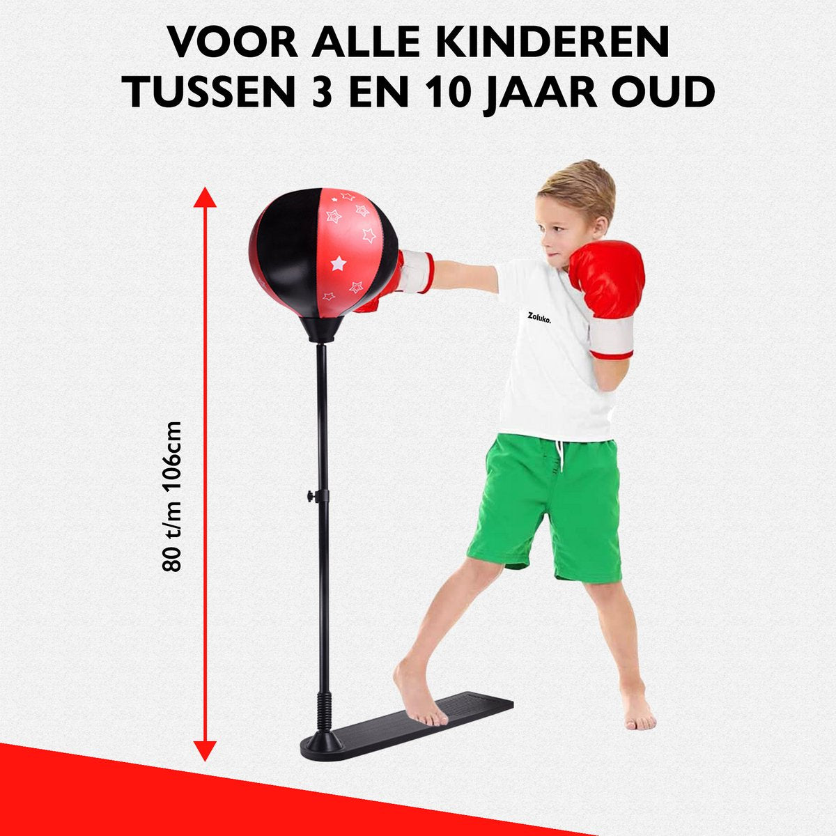 Zoluko Boksbal op Voet voor Kinderen - Incl. Bokshandschoenen en Opblaaspompje - Verstelbaar in Hoogte - Voor Binnen en Buiten - Boksbal op Standaard - Bokstrainer – Bokspaal - Boksset Kinderen - Boksbal Staand - Boxing - Thuis sporten - Zwart/Rood