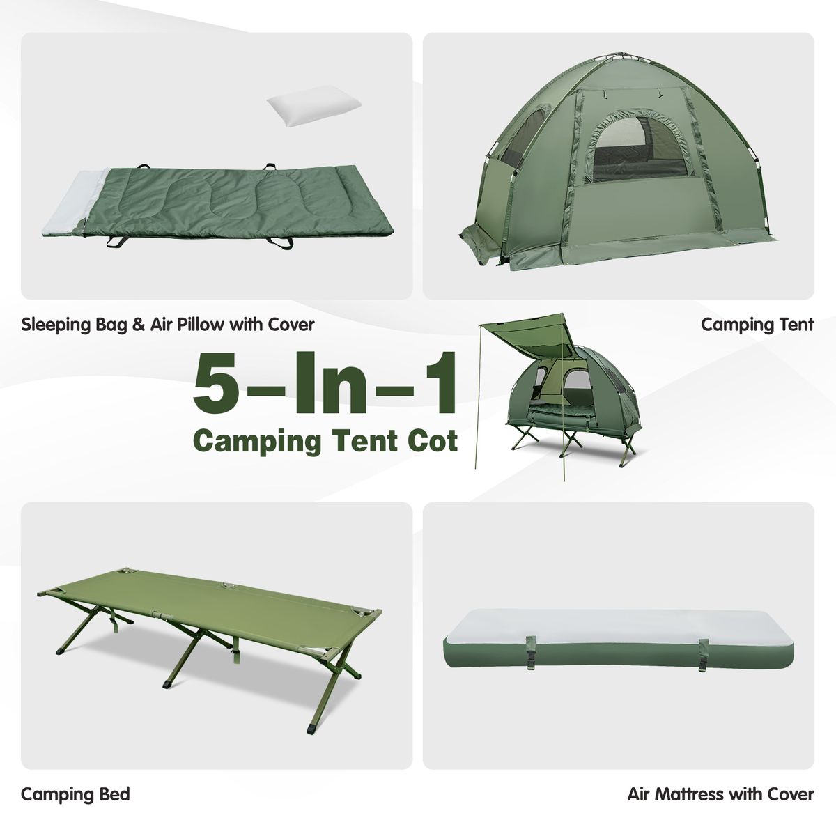 Coast Veldbed met Tent - 5-in-1 Kampeerset - Luchtmatras, Slaapzak en Kussen - Groen - 194 x 87 x 167 cm