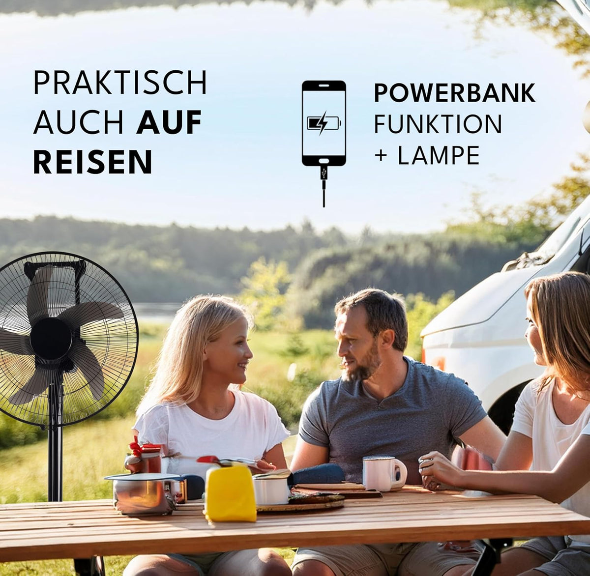 LEBENLANG Accuventilator 35W – 3600 mAh – tot 45 uur gebruiksduur – Ø 30 cm – Hoogte 80–115 cm – Zwart – Draagbare 5-in-1 Ventilator met Afstandsbediening