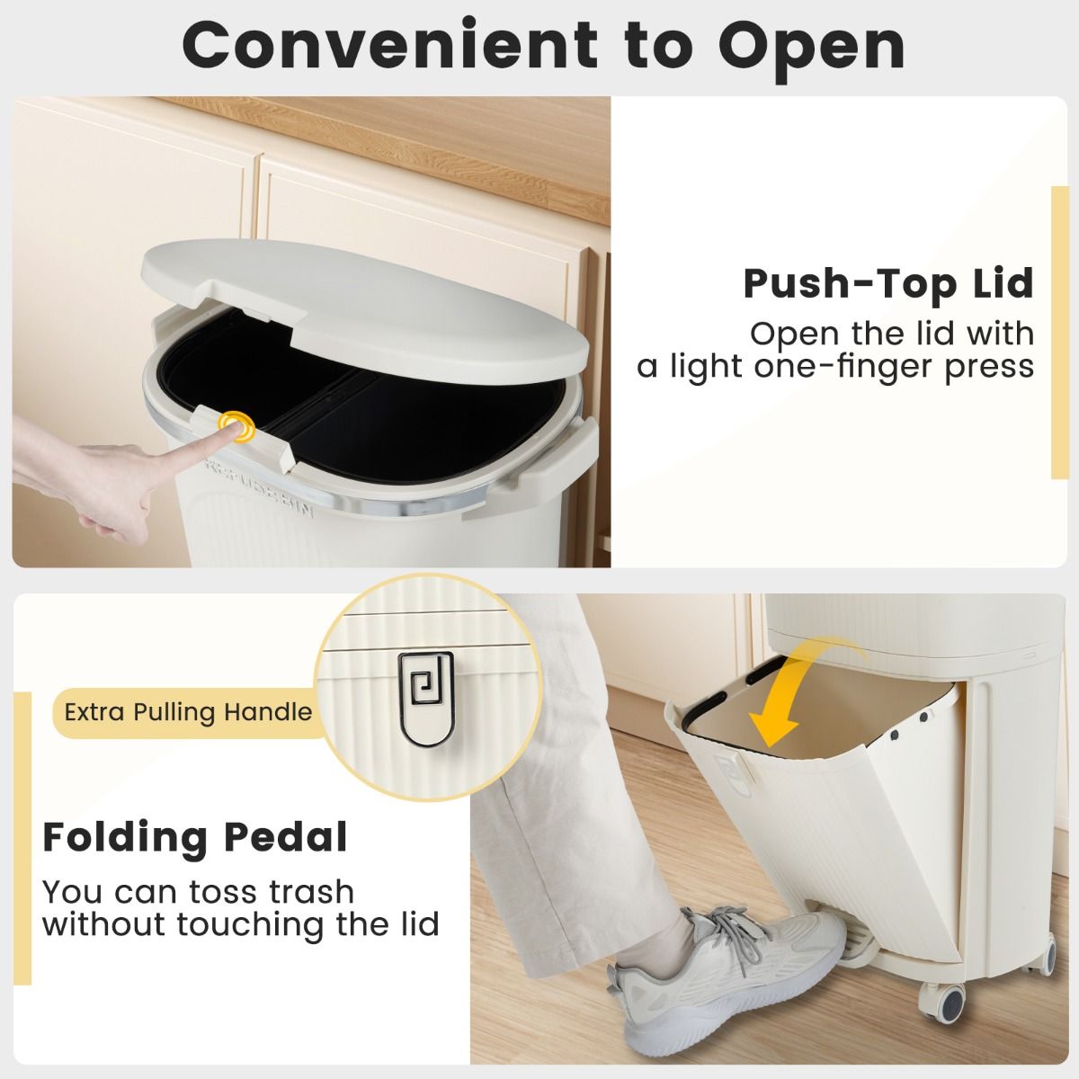 Coast Afvalscheidingsprullenbak op Wielen - 3 Compartimenten - Pedaal en Drukknop - Beige - 38 Liter