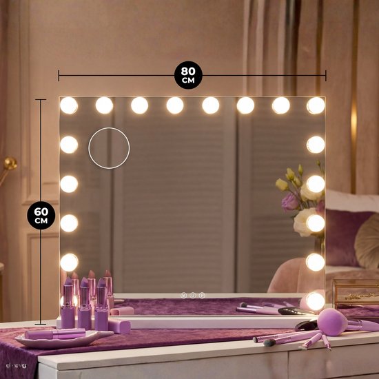 Bayt Hollywood Spiegel - Make up Spiegel - Spiegel - Hollywood Spiegel 80x60 - Dimbaar - 10x Vergroting - Met Verlichting en Bluetooth - USB aansluiting - 80x60 - Wit